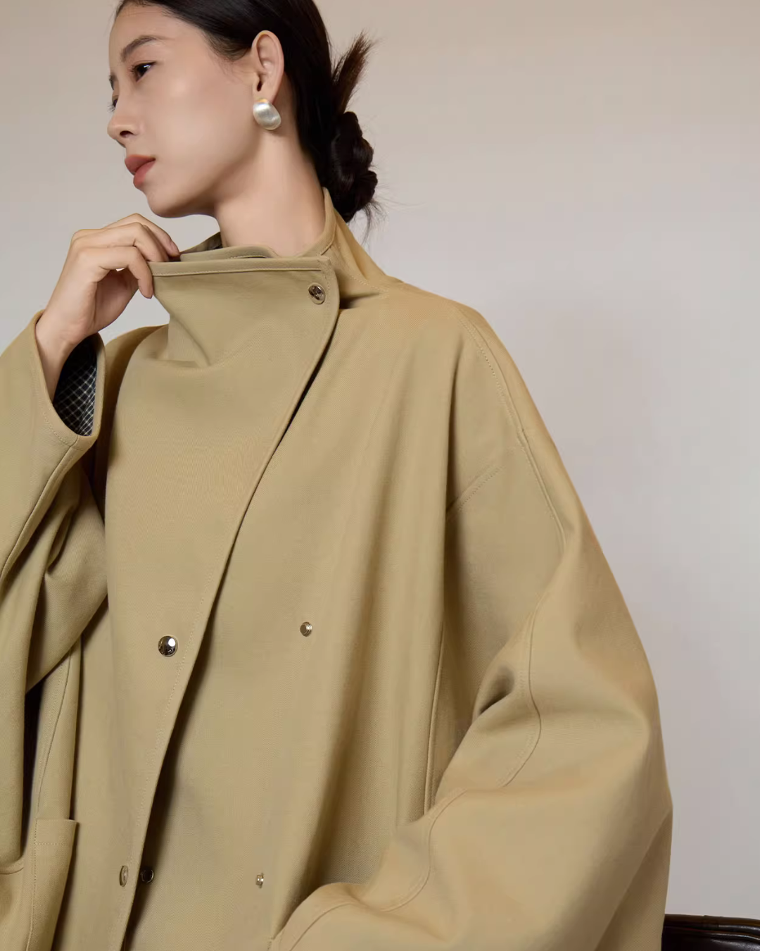 Khaki Plaid Patchwork Trench Coat  SUY0005