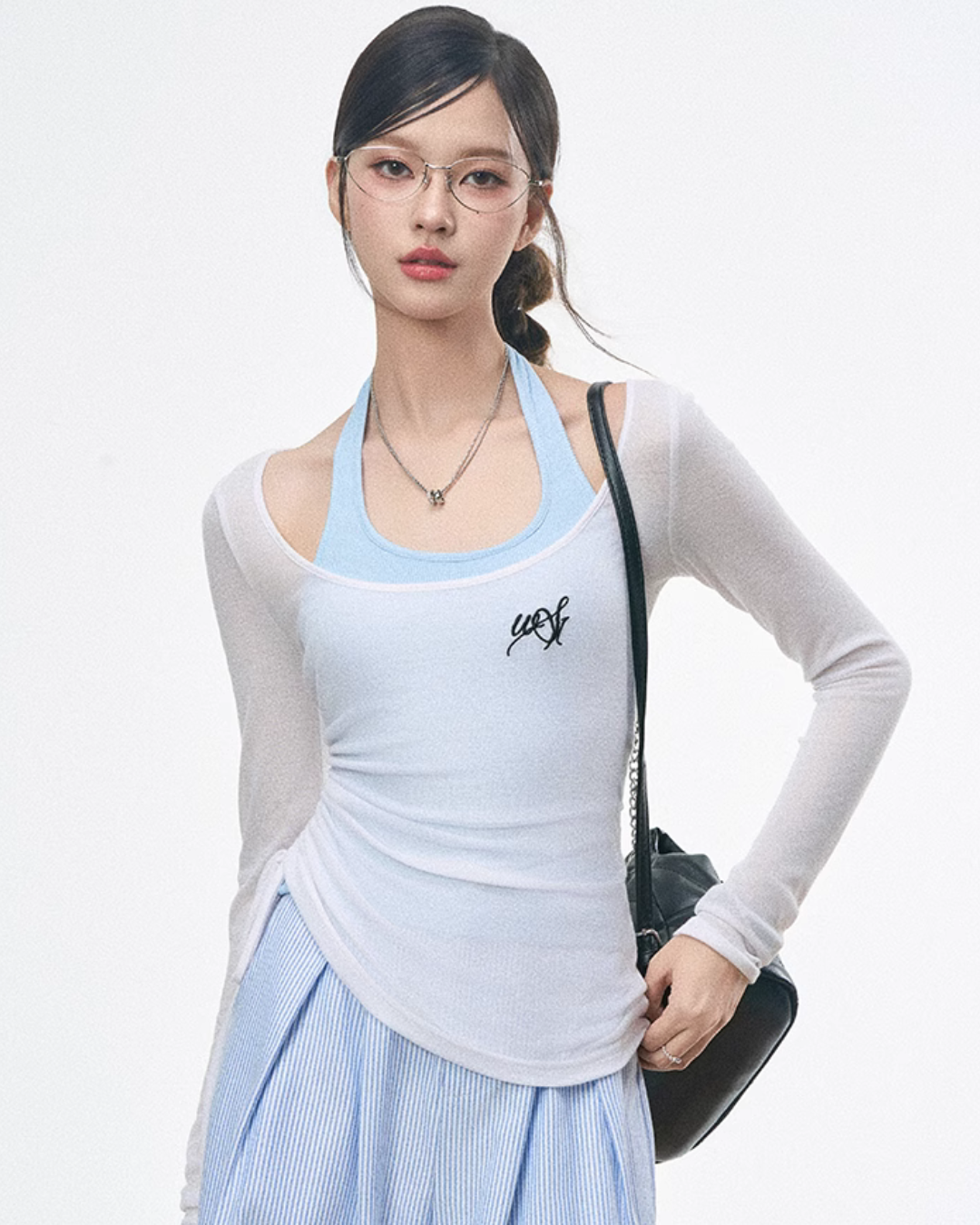 Blue Halter Top / White Tops / Striped Wide Pants WEO0051