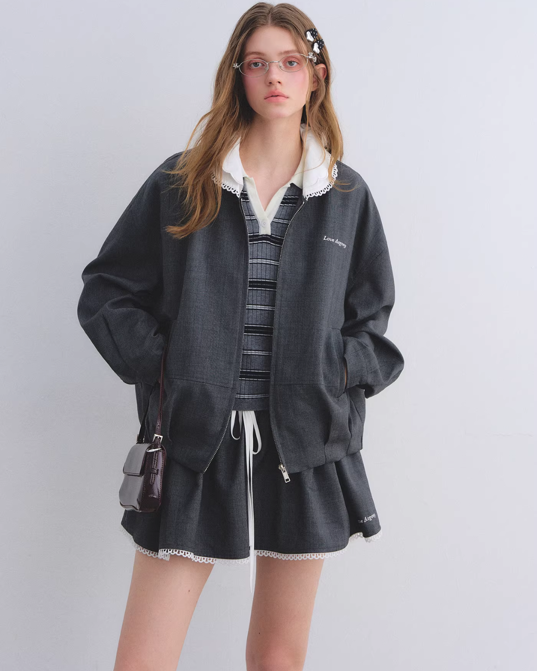 Lace Collar Zip Jacket / Flared Mini Skirt ASG0084