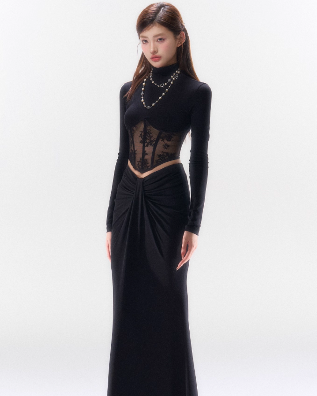 Lace Spliced ​​Waist Long Sleeve Top HID0004