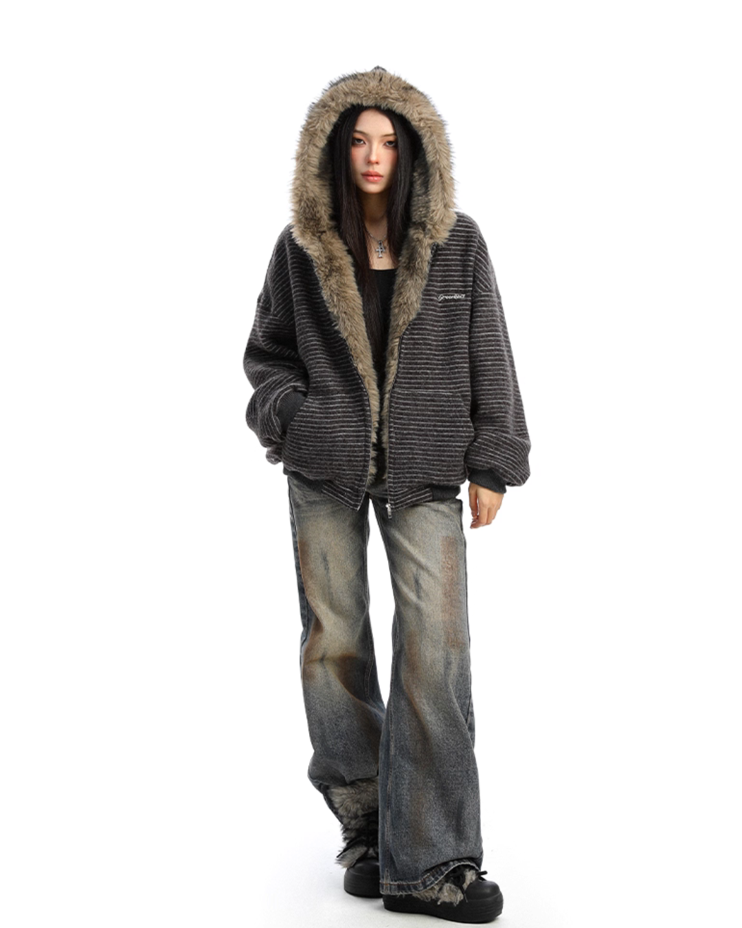 Inner Fur Thin Stripe Zip Hoodie BGS0032