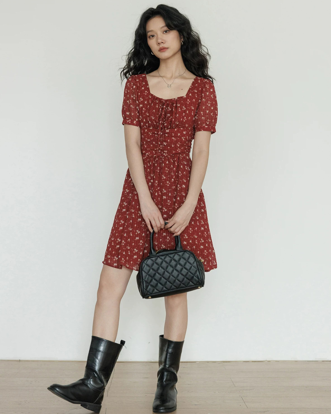 Square Neck Flower Mini Dress VAS0195