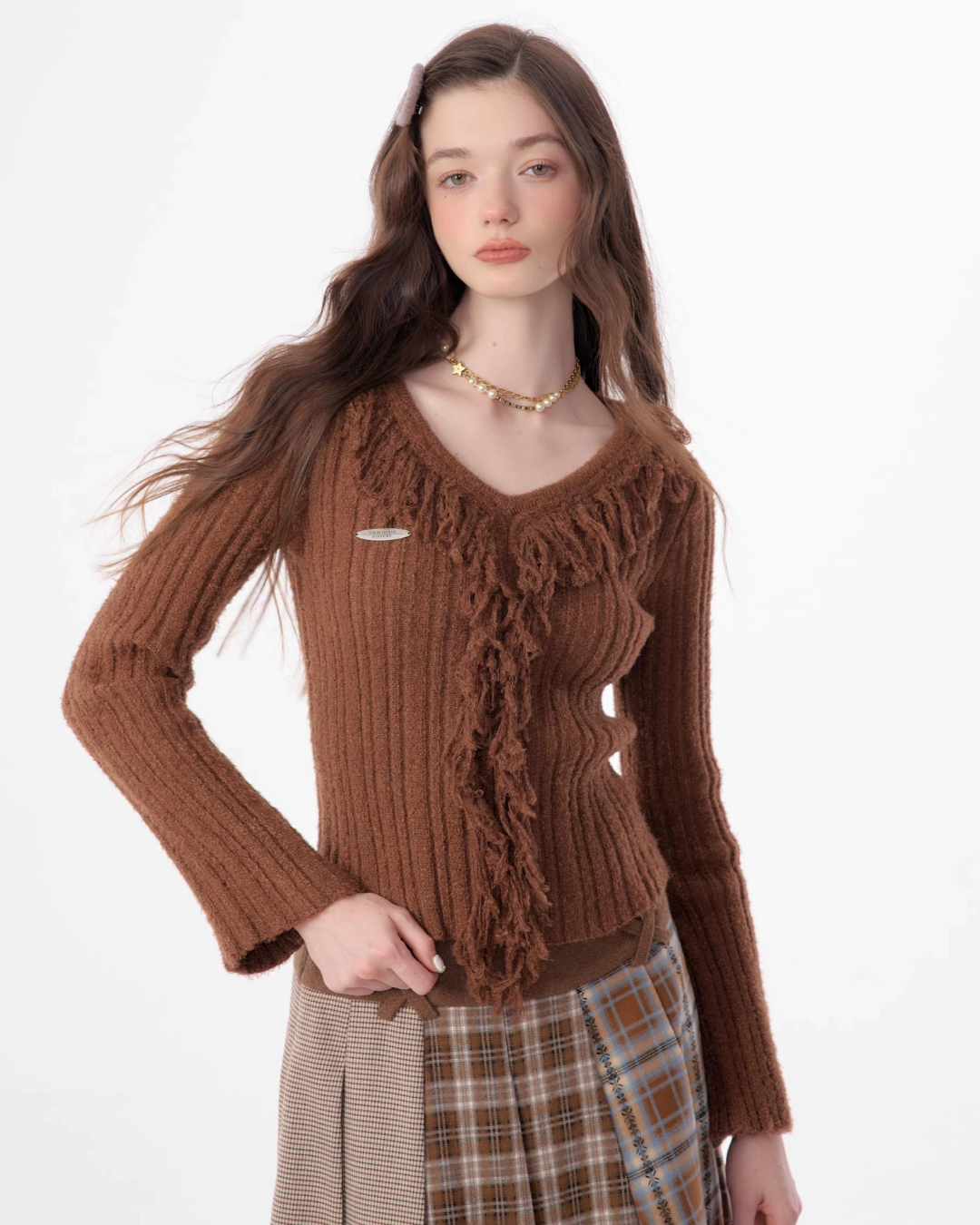 Ruffled Slim Fit V Neck SweaterZZF0327