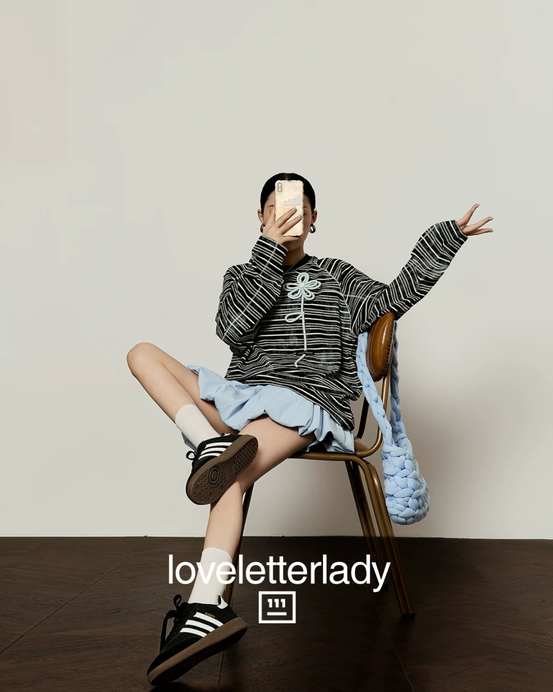 Black Striped 3D Blue Flower T-Shirt / Balloon Mini Skirt LLA0660