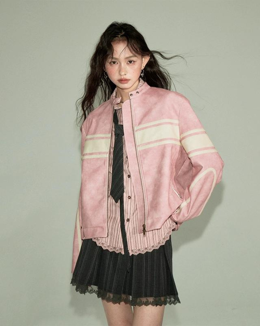 Stand Collar Pink Leather Jacket DDM0018