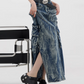 Vintage Wash Design Long Denim Skirt KNH0007