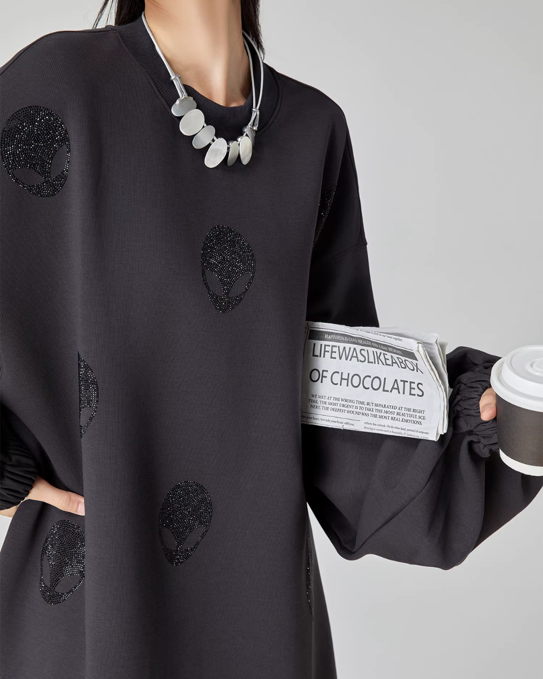 Black Rhinestone Sweatshirt Dress FER0068