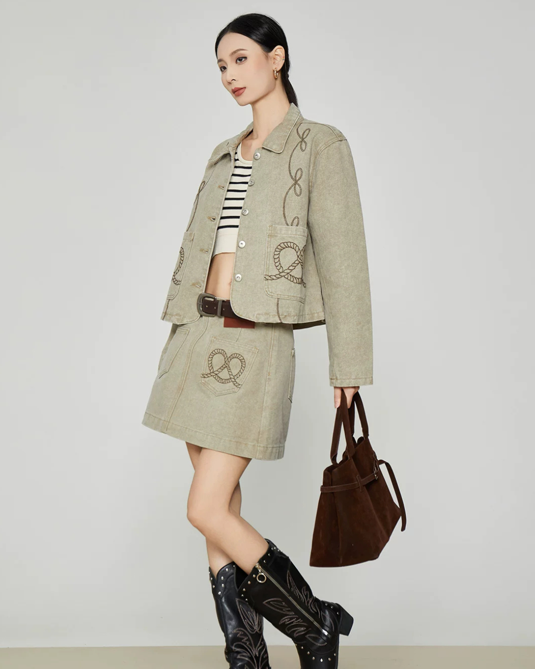 Retro Rope Embroidered Jacket / Mini Skirt FER0391