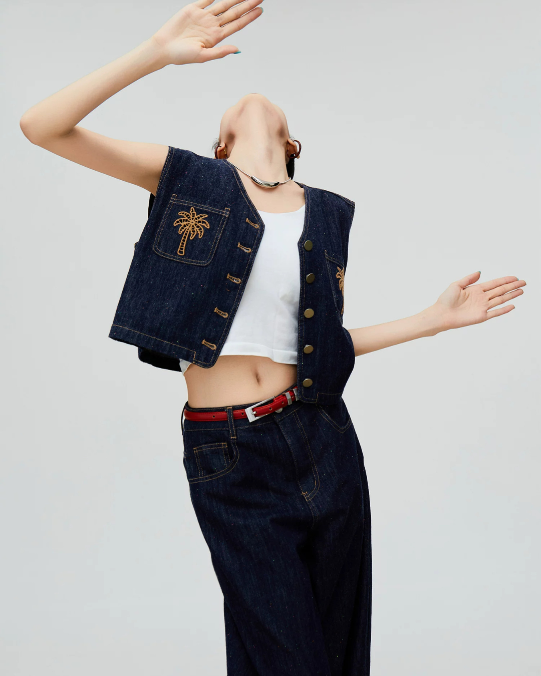 Palm Tree Embroidered Denim Vest / Wide Pants FER0303