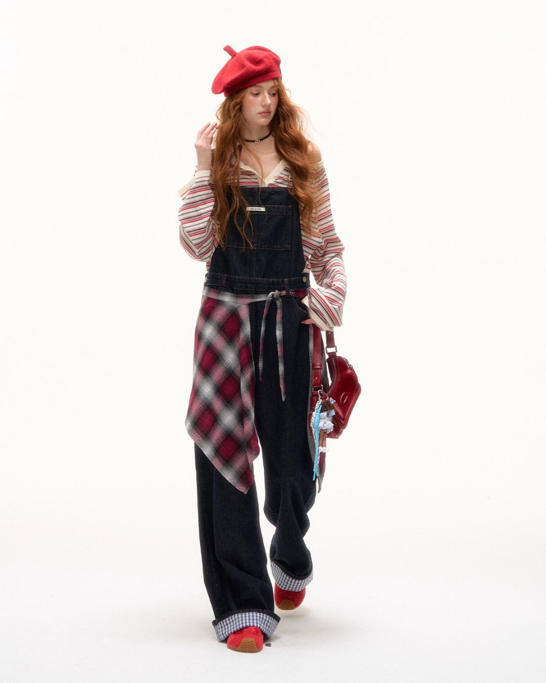 Half Button Border Top / Wide-Leg Denim Overalls ASG0053