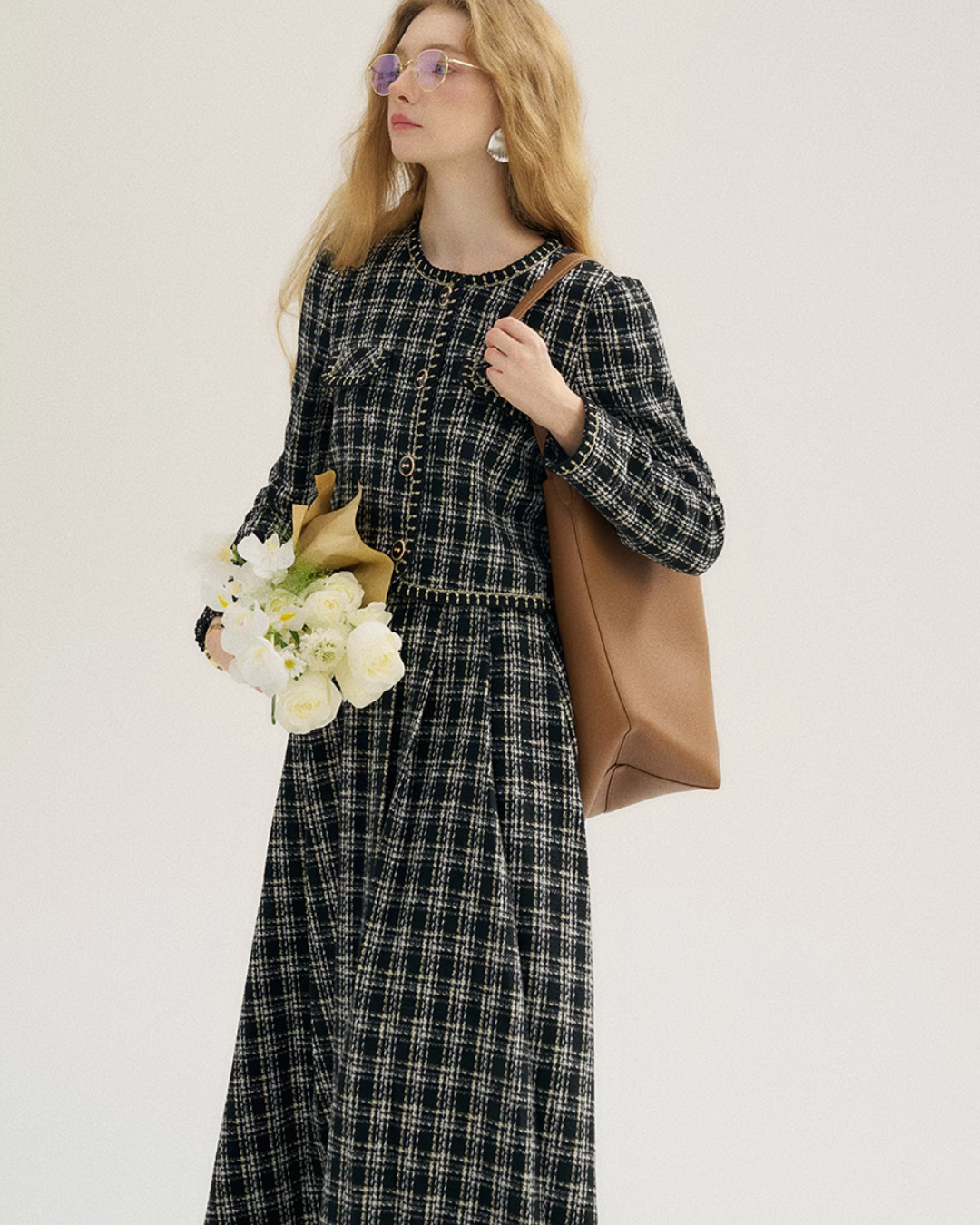 Plaid Tweed Jacket & Tweed Long Skirt SNT0010