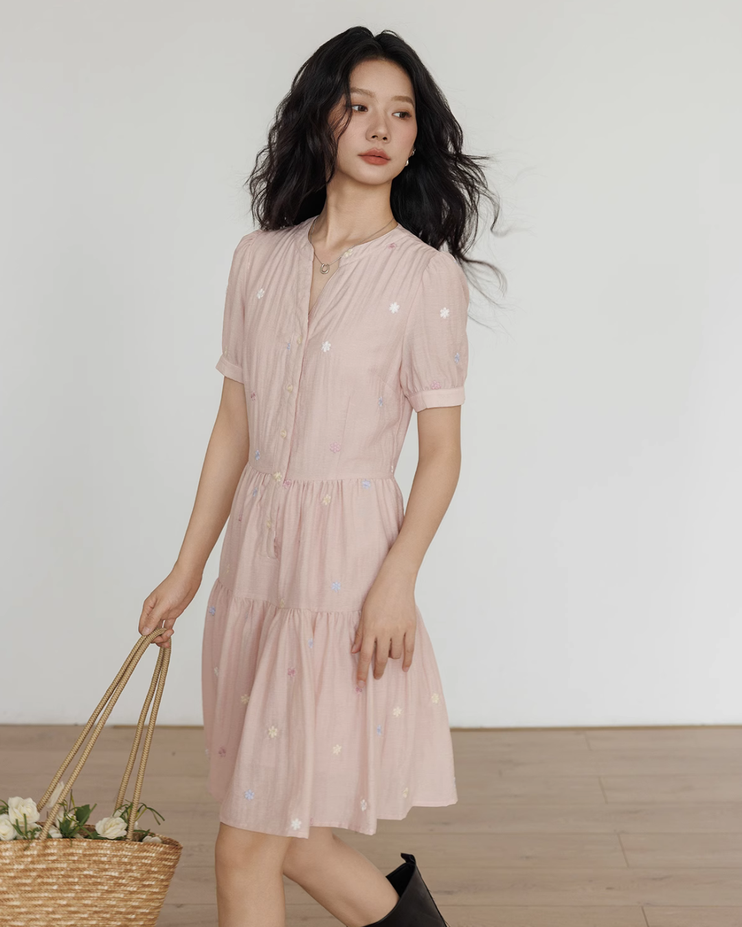 Flower Embroidery Tiered Mini Dress VAS0020