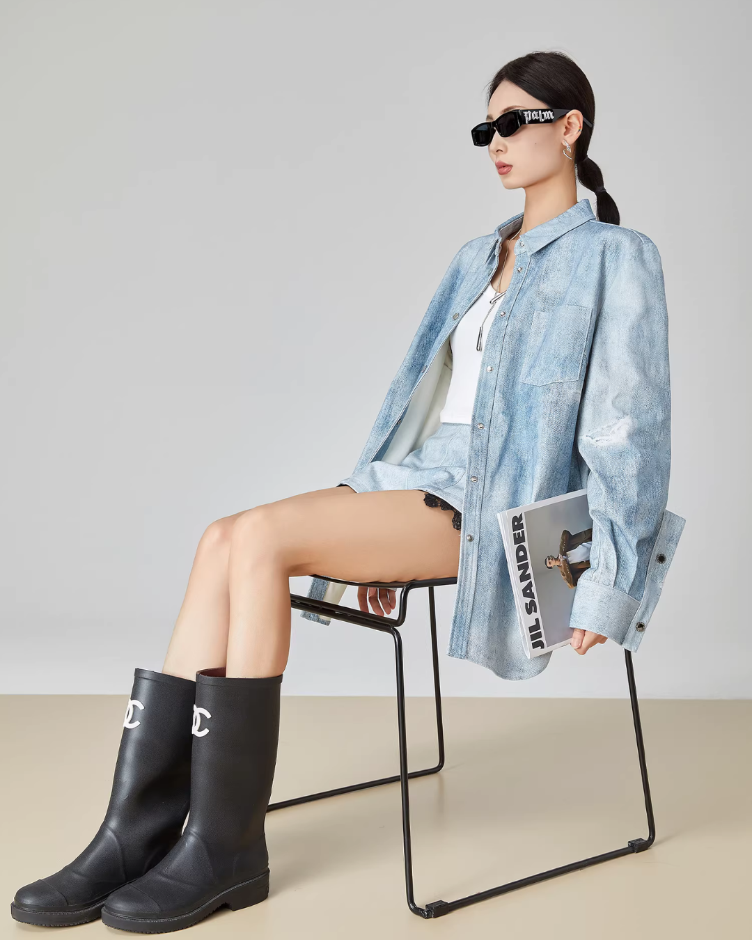 Denim Long-Sleeve Shirt / High-Waisted Shorts FER0076