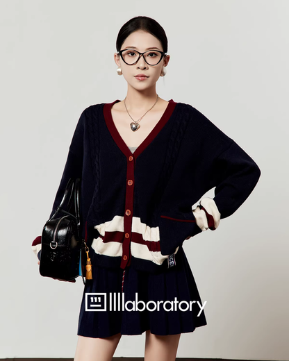V-Neck Knit Cardigan/A-Line Mini Skirt LLA0579