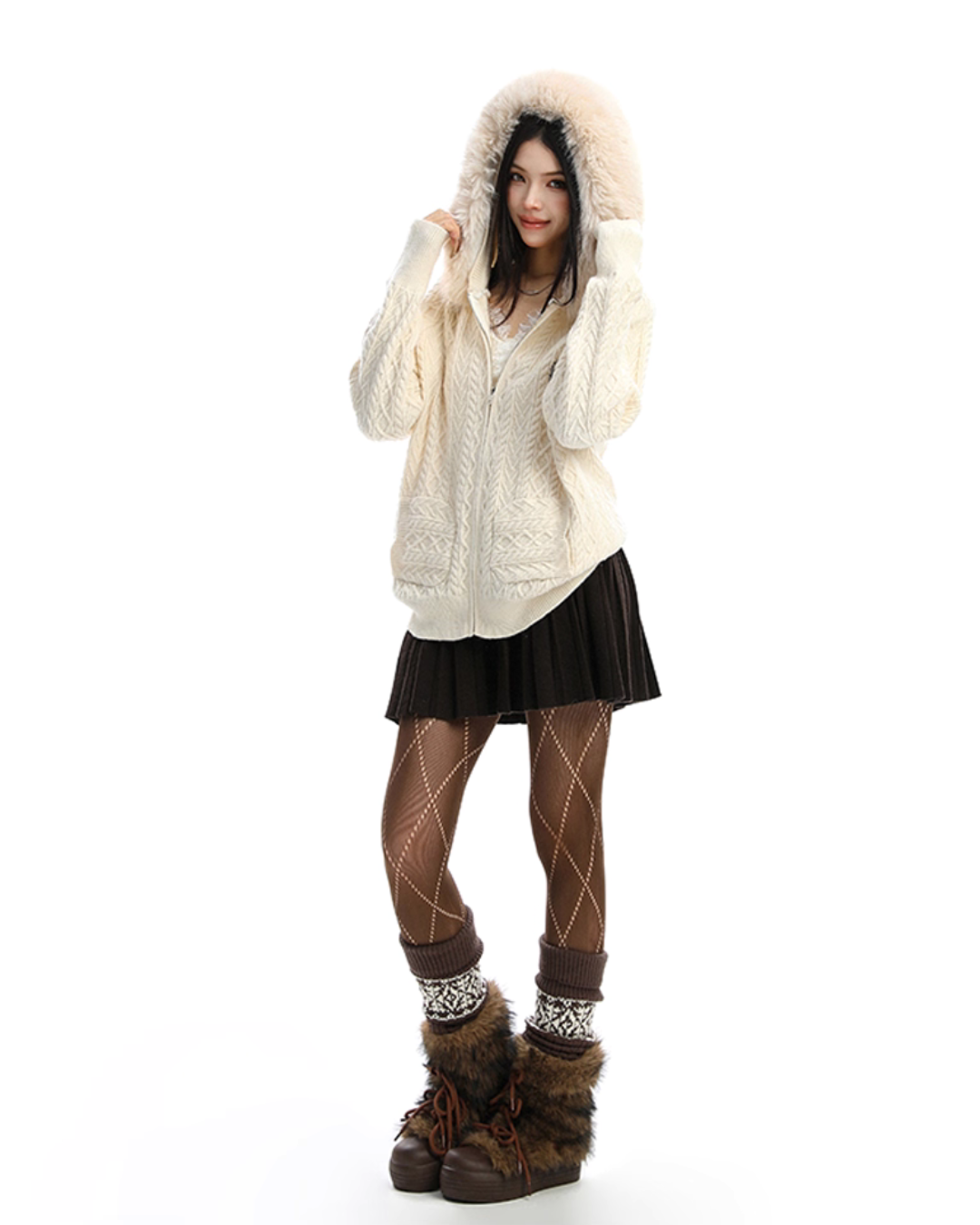 Fur Hood Cable Knit Top BGS0034