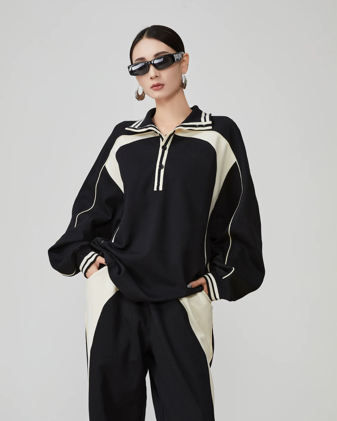 Color-Contrast Collared Long-Sleeve / Casual Wide Pants  FER0378