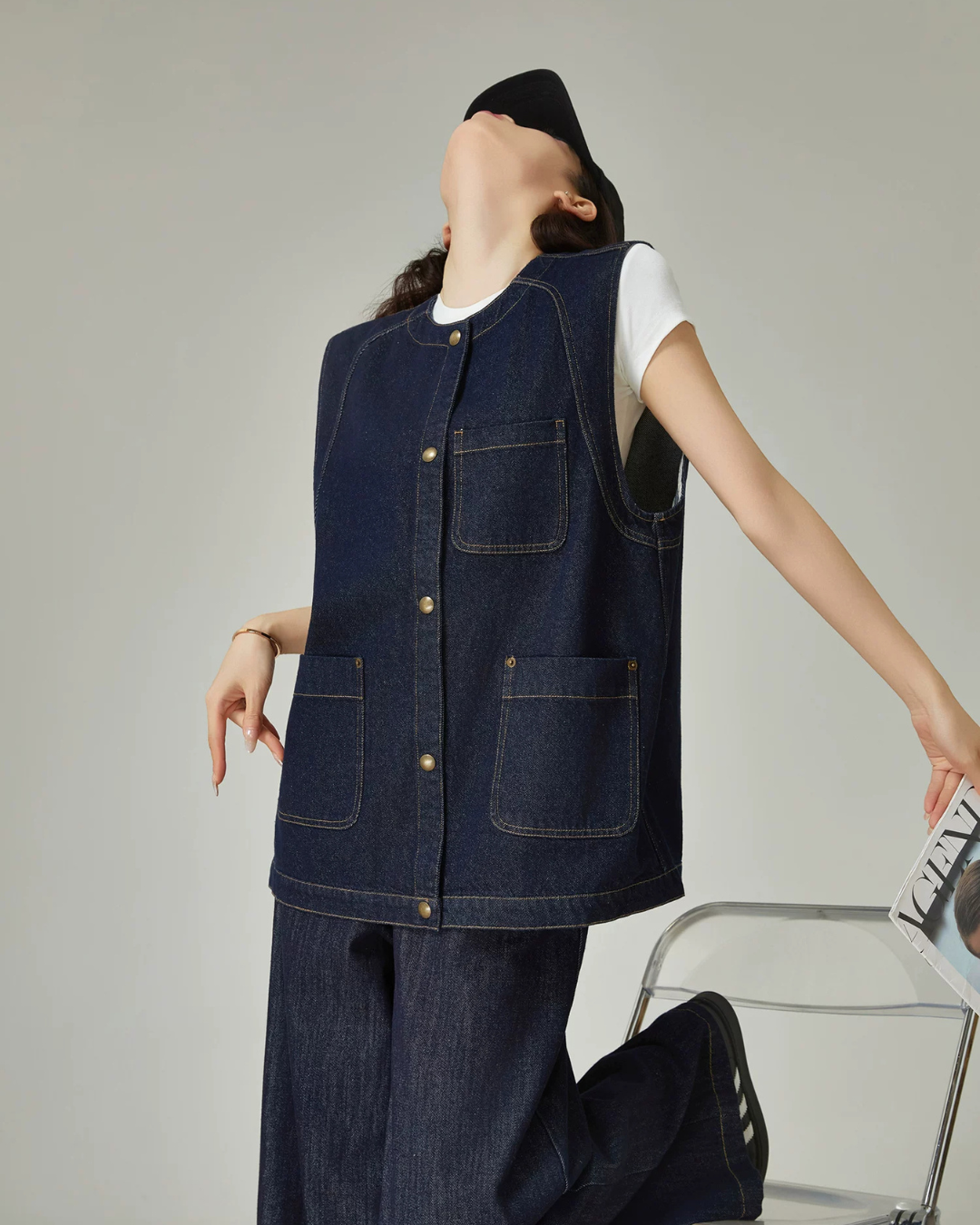 Collarless Denim Vest / Denim Wide Pants FER0144
