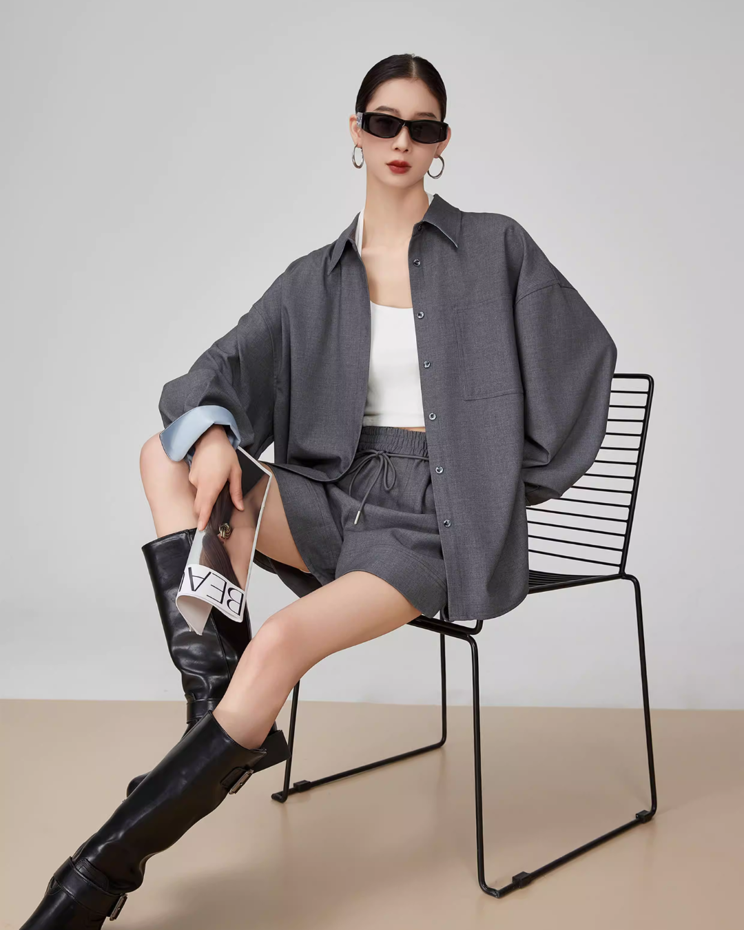 Gray Collared Long-Sleeve Shirt / Shorts FER0064