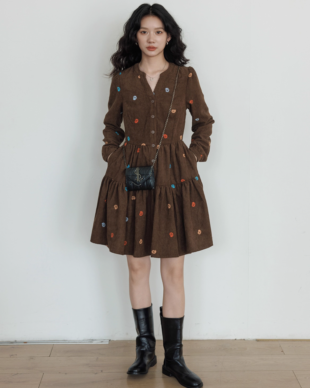 V-Neck Embroidered Shirt Dress VAS0169