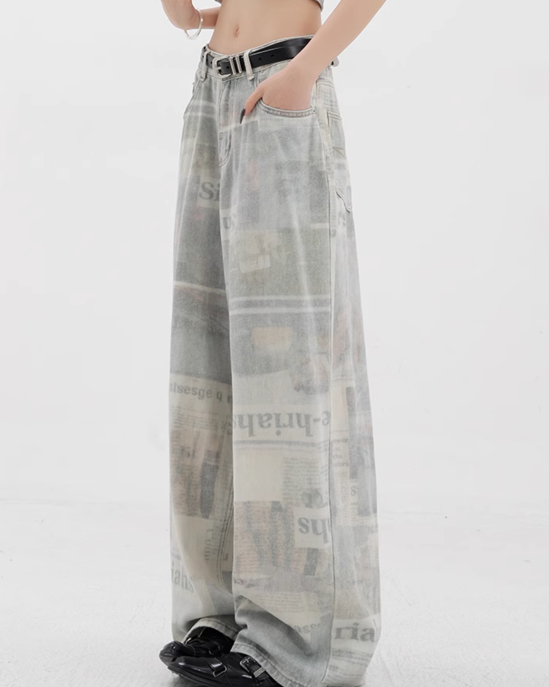 News Paper Print Wide Pants KNH0005