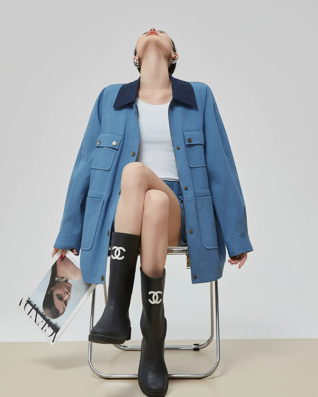 Blue Turn Collar Jacket / Work Skirt FER0376