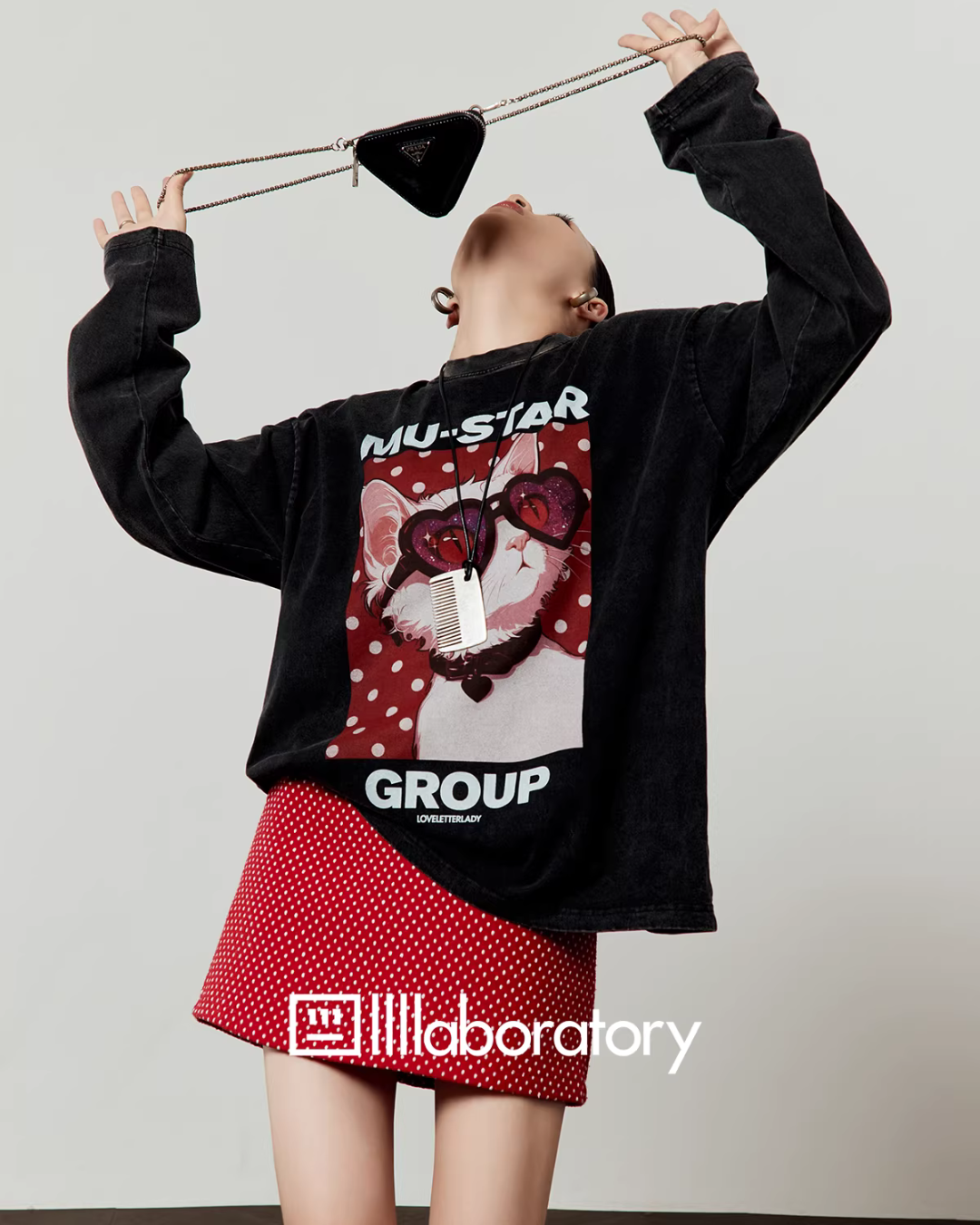 Cat Print Long Sleeve T-shirt / Polka Dot Mini Skirt LLA0593