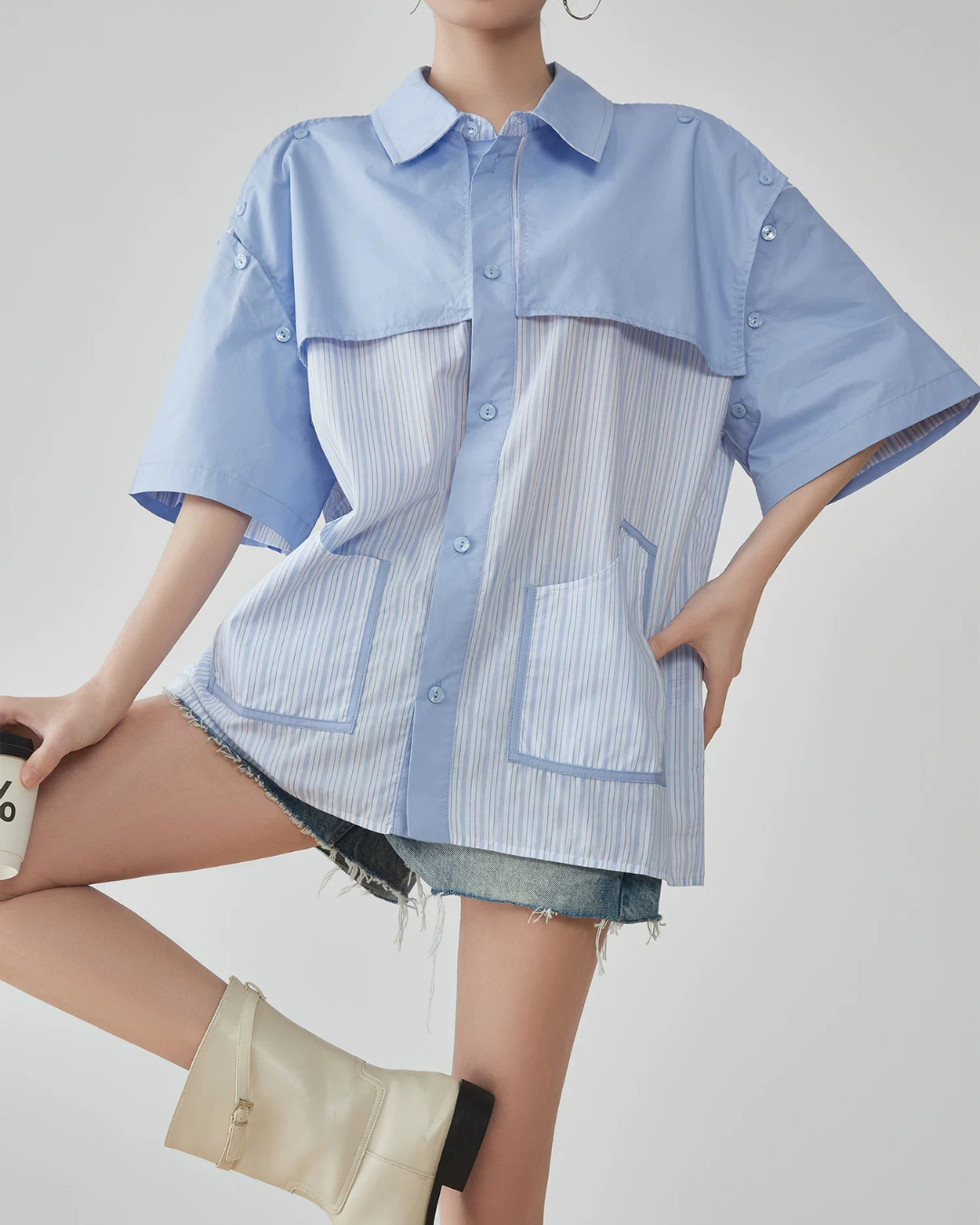 Blue Striped Patchwork Short-Sleeve Shirt FER0183