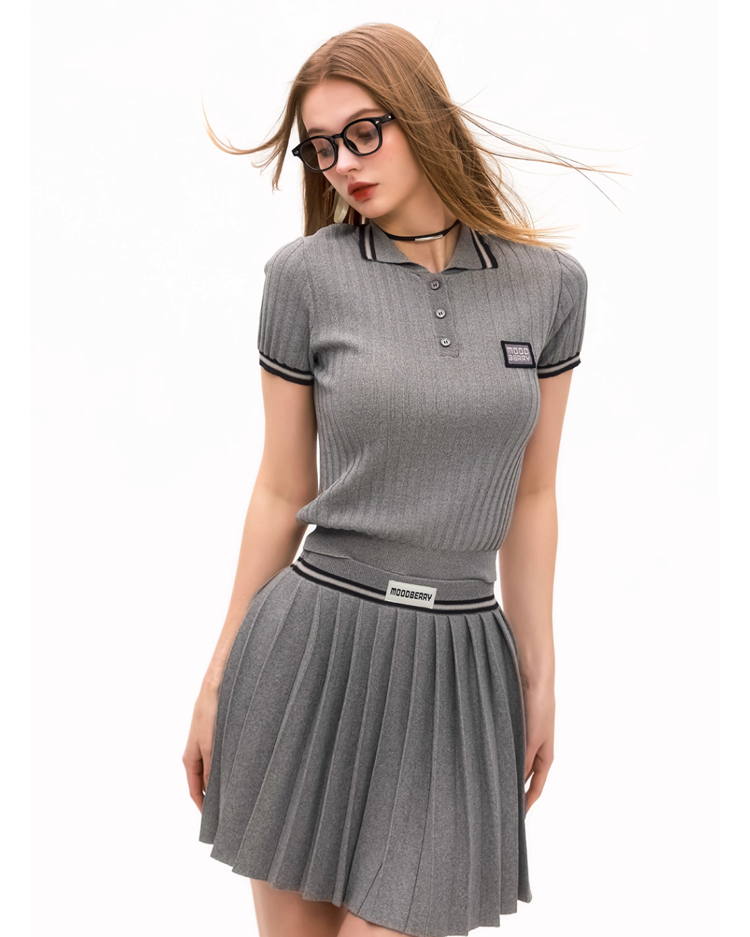 Polo Rib Knit Top / Pleated Skirt MDB0001