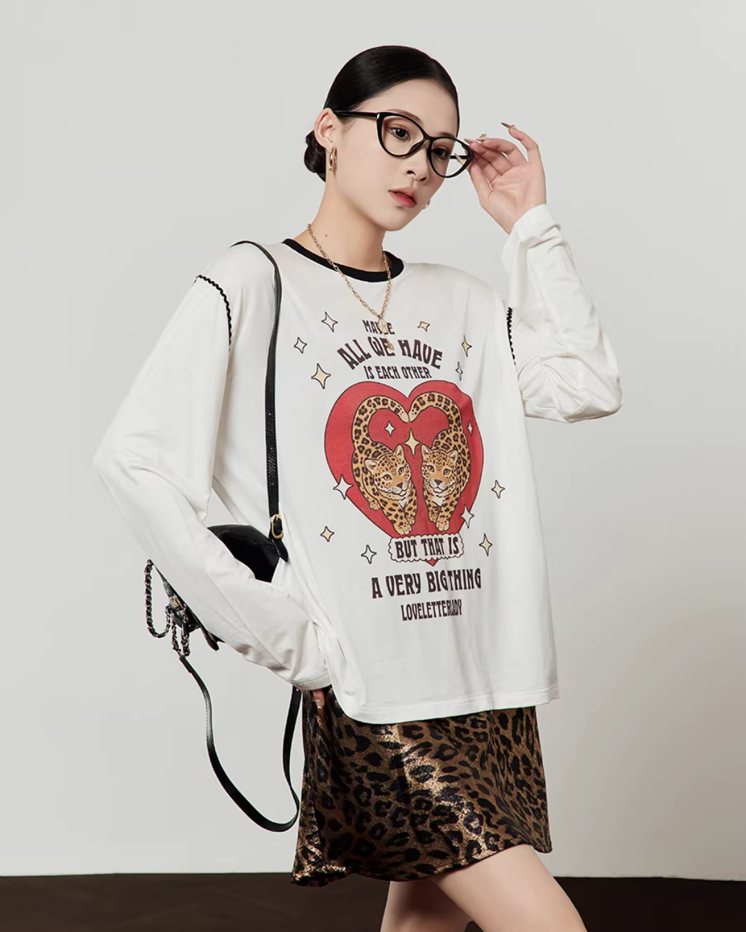 Love Tiger Long-Sleeve Top / Leopard Mini Skirt LLA0642