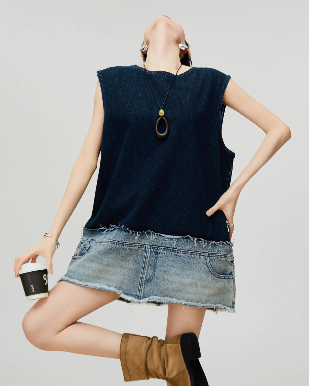Denim Docking Design Sleeveless Dress FER0354