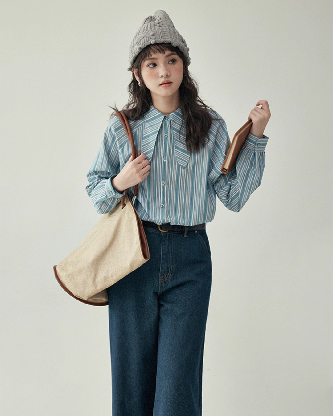 Blue Stripe Shirt / Wide Denim Pants / Corduroy Overall Skirt AMU0033