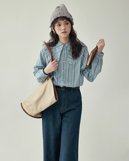 Blue Stripe Shirt / Wide Denim Pants / Corduroy Overall Skirt AMU0033