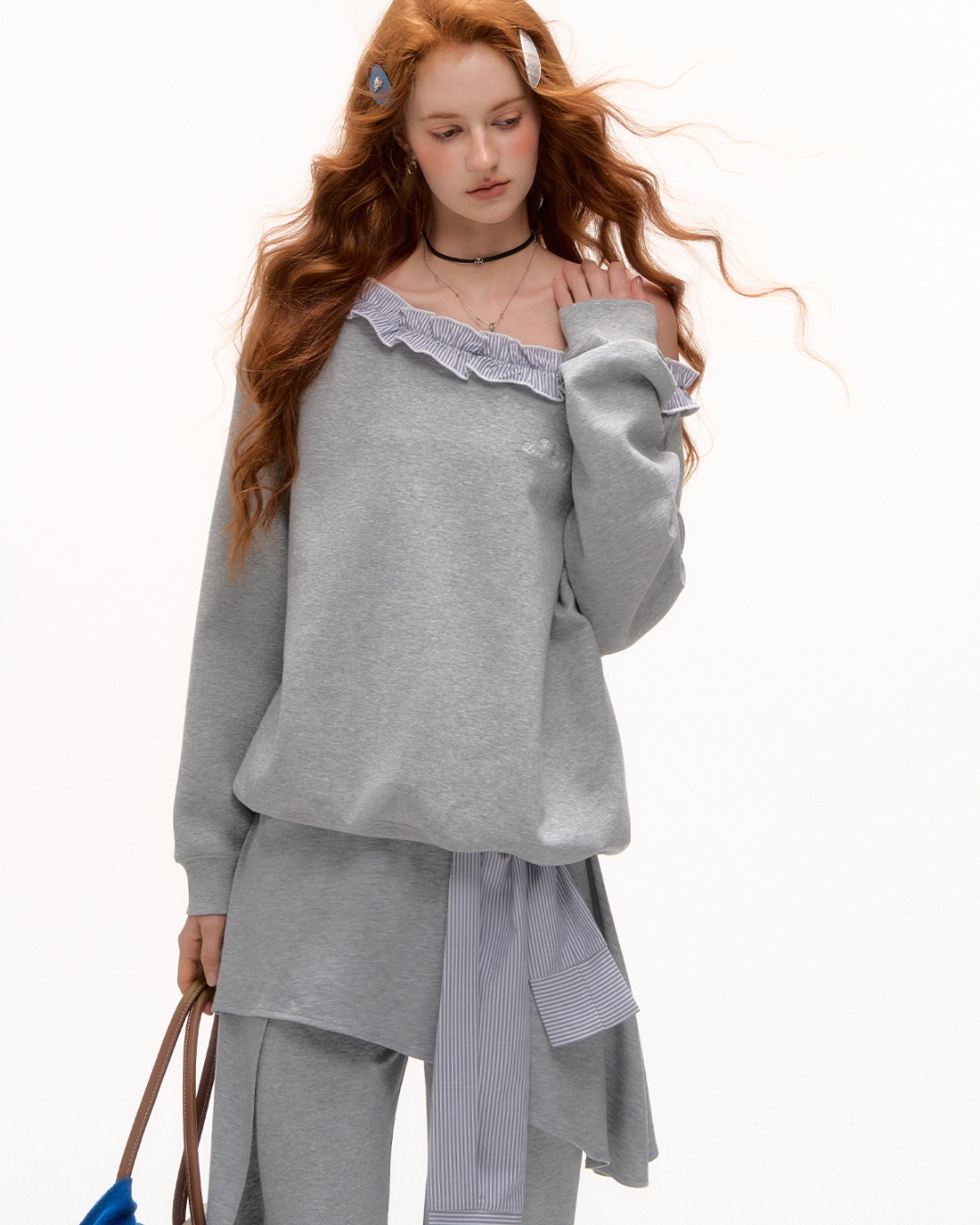Stripe Lace Frill Off Shoulder Top / Flare Pants ASG0065