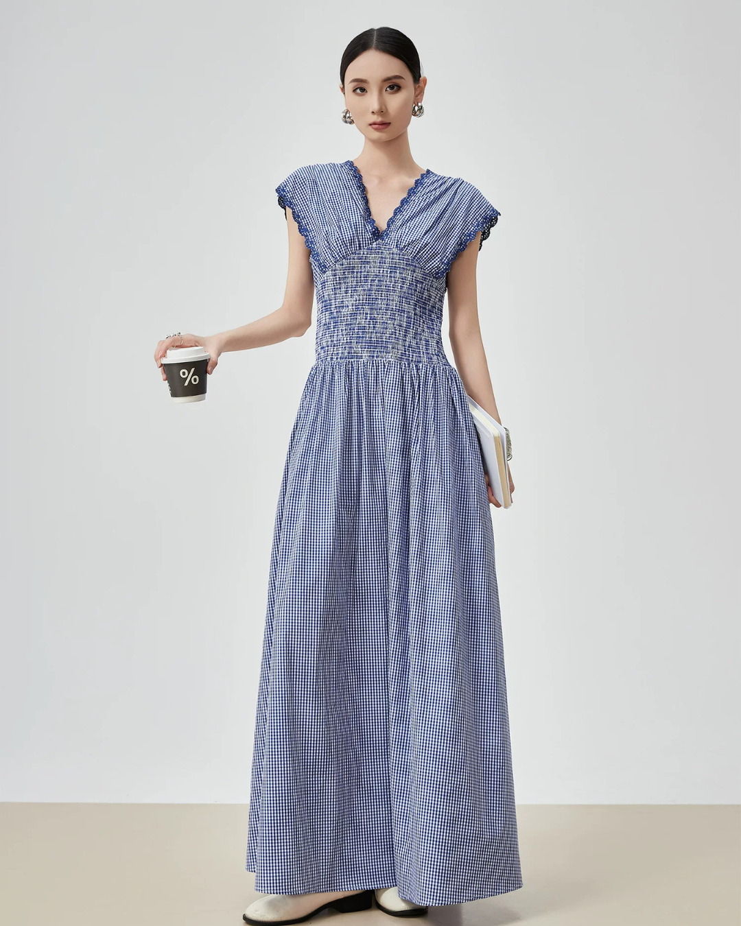 Gingham Check Shirring Long Dress FER0249