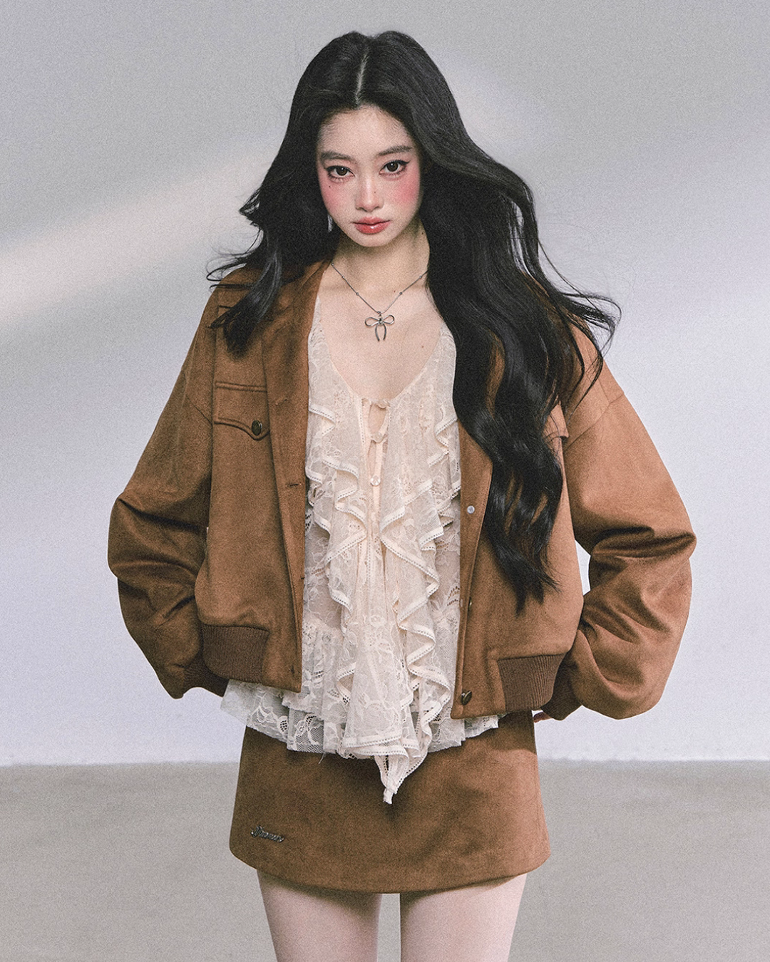 Wool Blazer Jacket/Mini Skirt/Frill Lace Blouse LAS0042