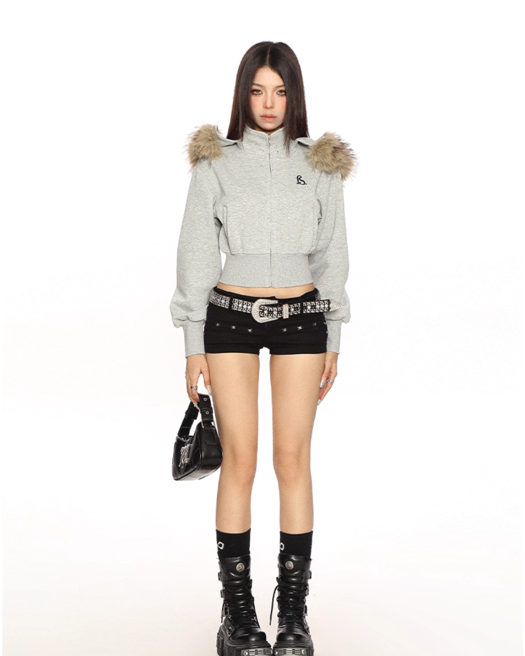 Fur Cropped Zip Up Hoodie BGS0013