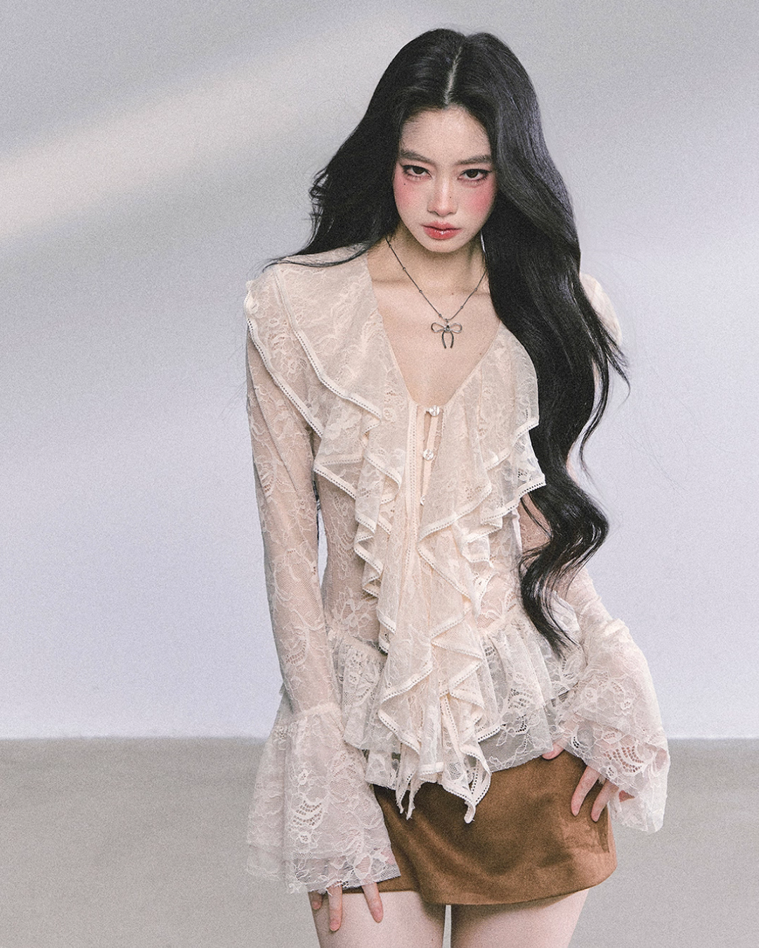 Wool Blazer Jacket/Mini Skirt/Frill Lace Blouse LAS0042