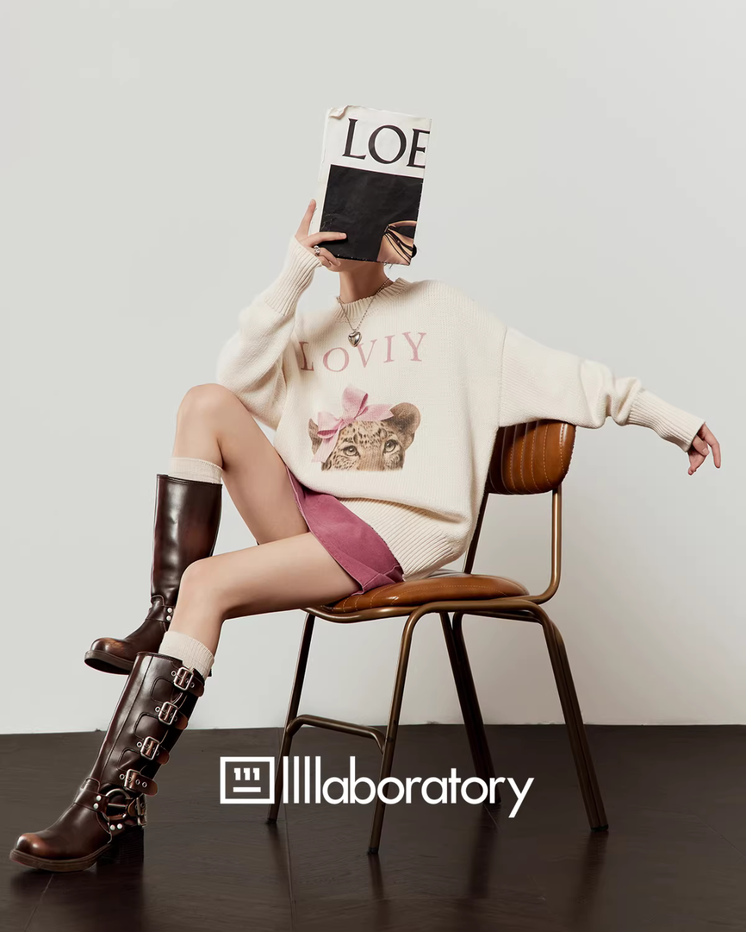 Tiger Loose Knit Top / Pink Mini Skirt LLA0617