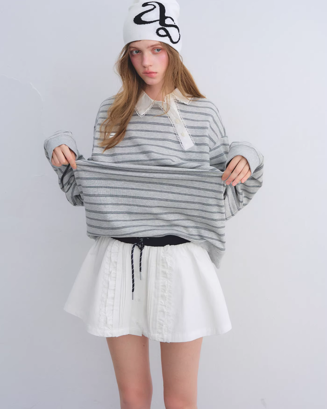 Button Lace Collar Striped Top ASG0085