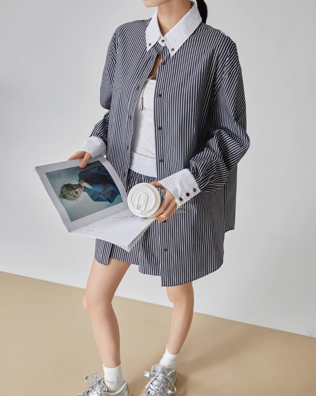 Striped Long-Sleeve Shirt / Mini Skirt FER0048