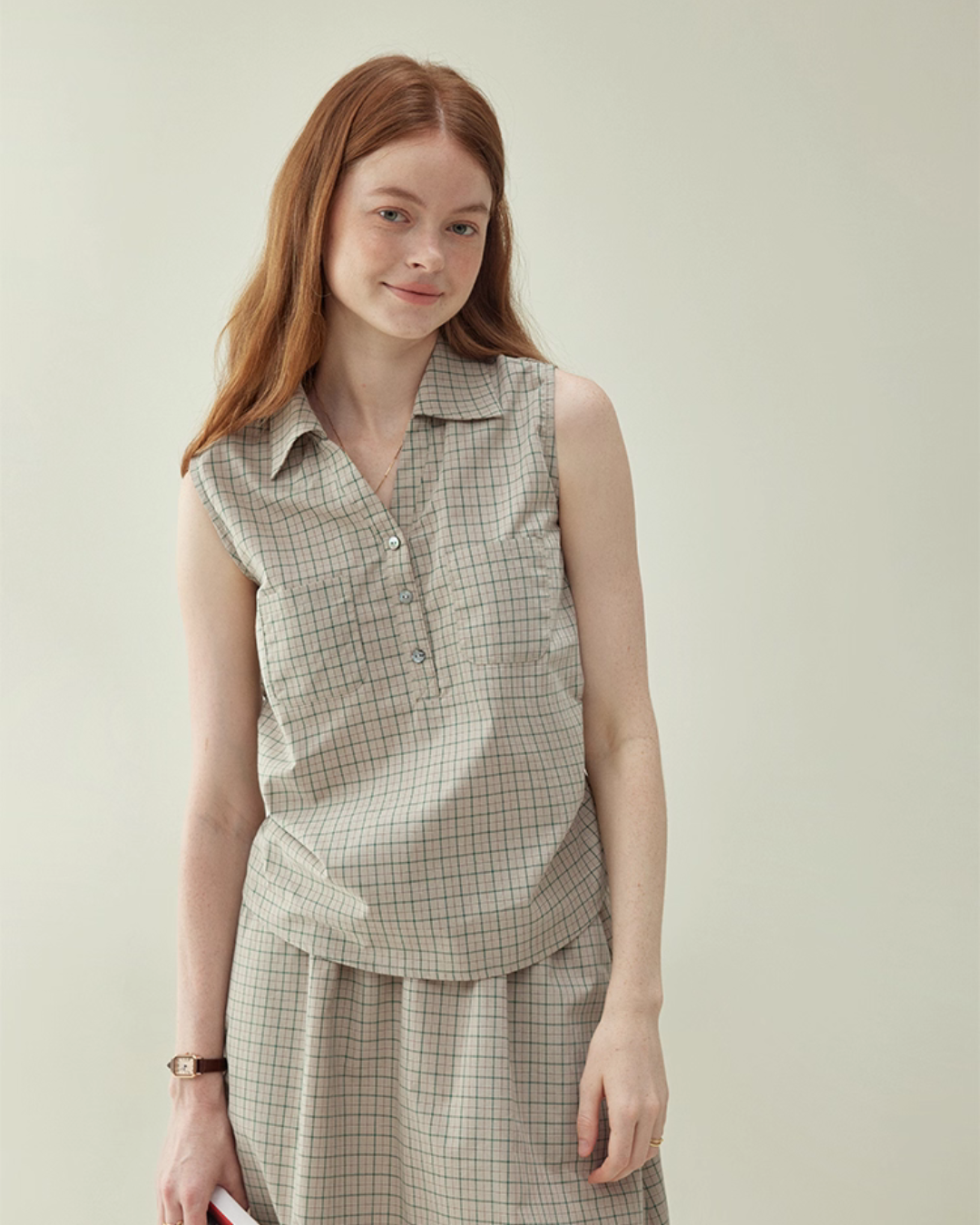 Retro Plaid Sleeveless Shirt / Long Skirt AMU0025