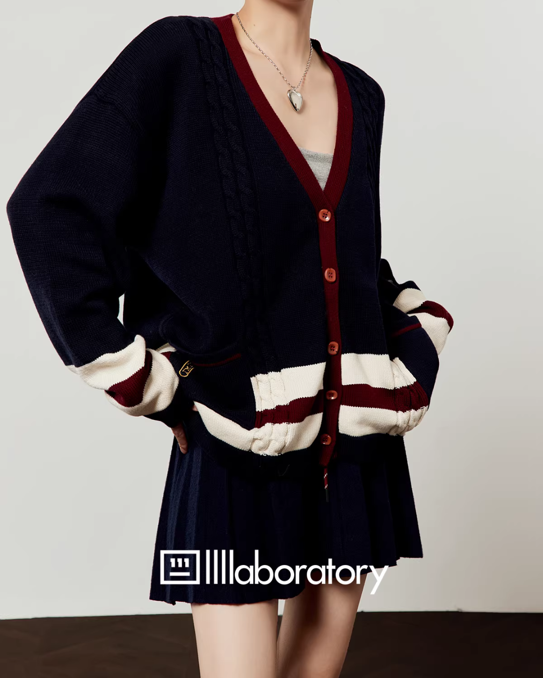 V-Neck Knit Cardigan/A-Line Mini Skirt LLA0579
