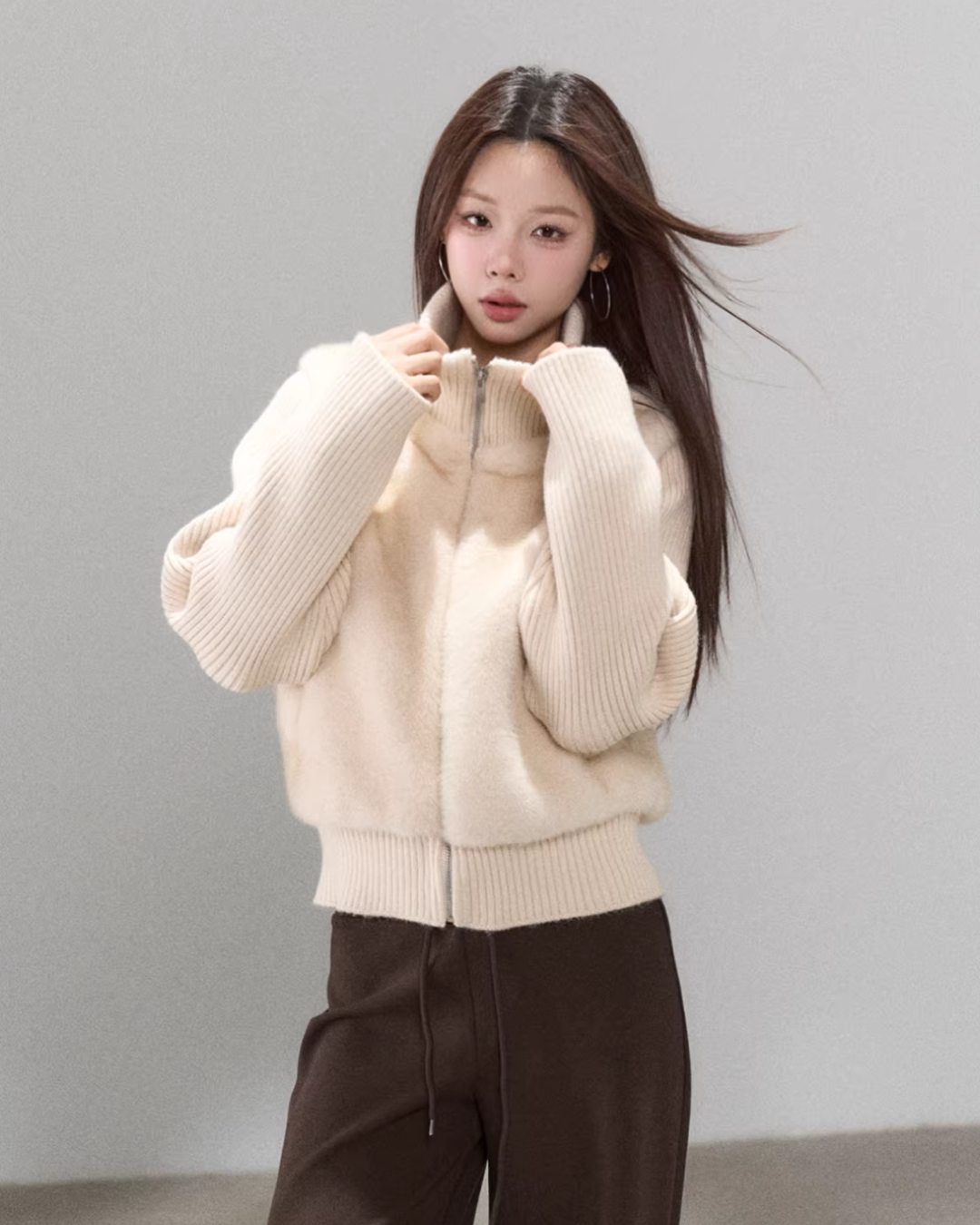 Stand Collar Fur Knit Jacket WDB0005