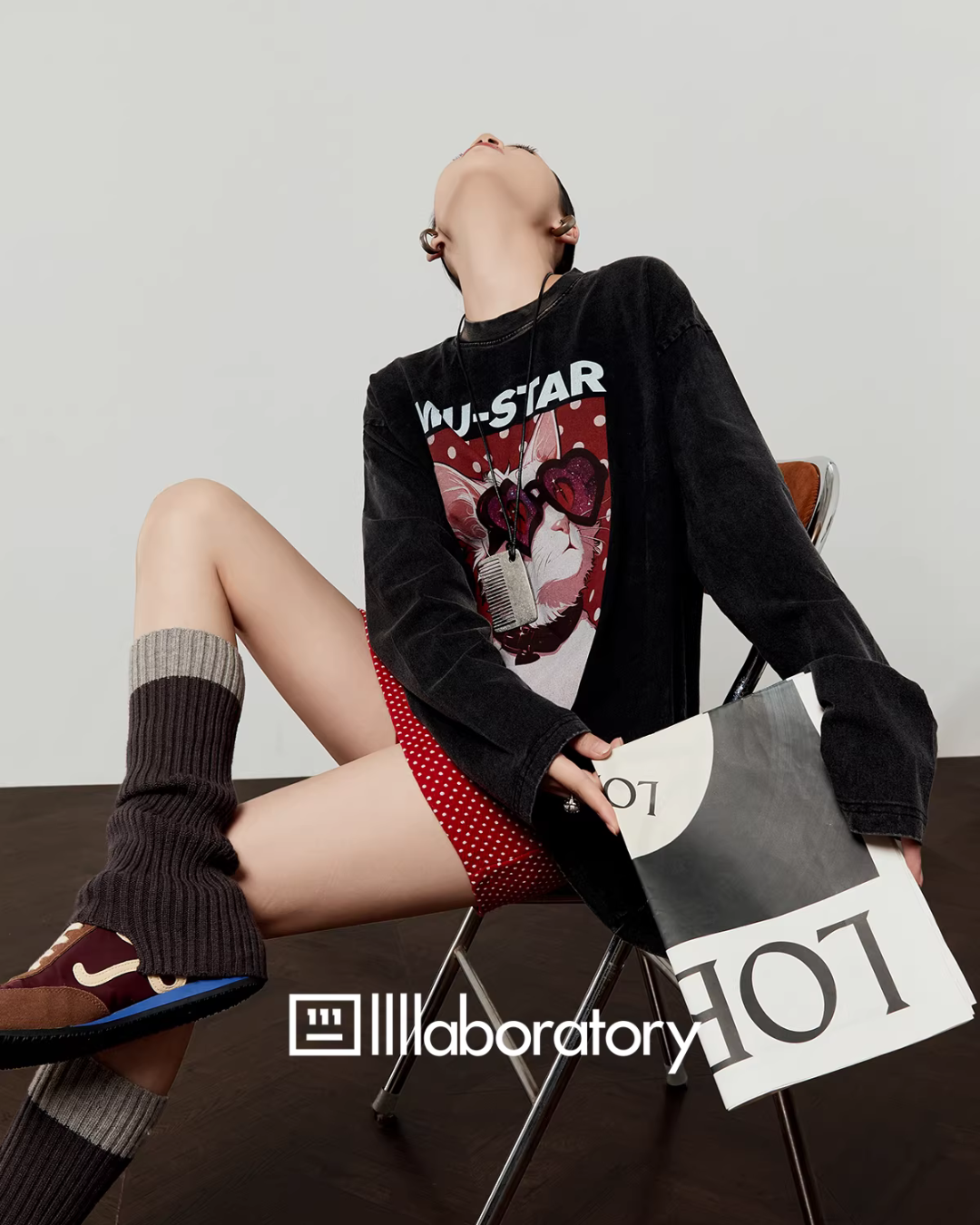 Cat Print Long Sleeve T-shirt / Polka Dot Mini Skirt LLA0593