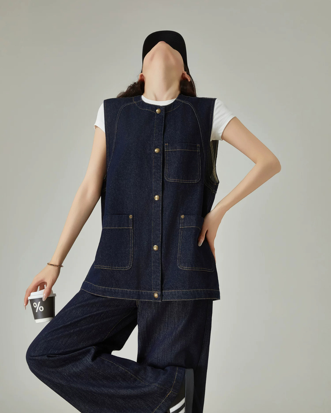 Collarless Denim Vest / Denim Wide Pants FER0144