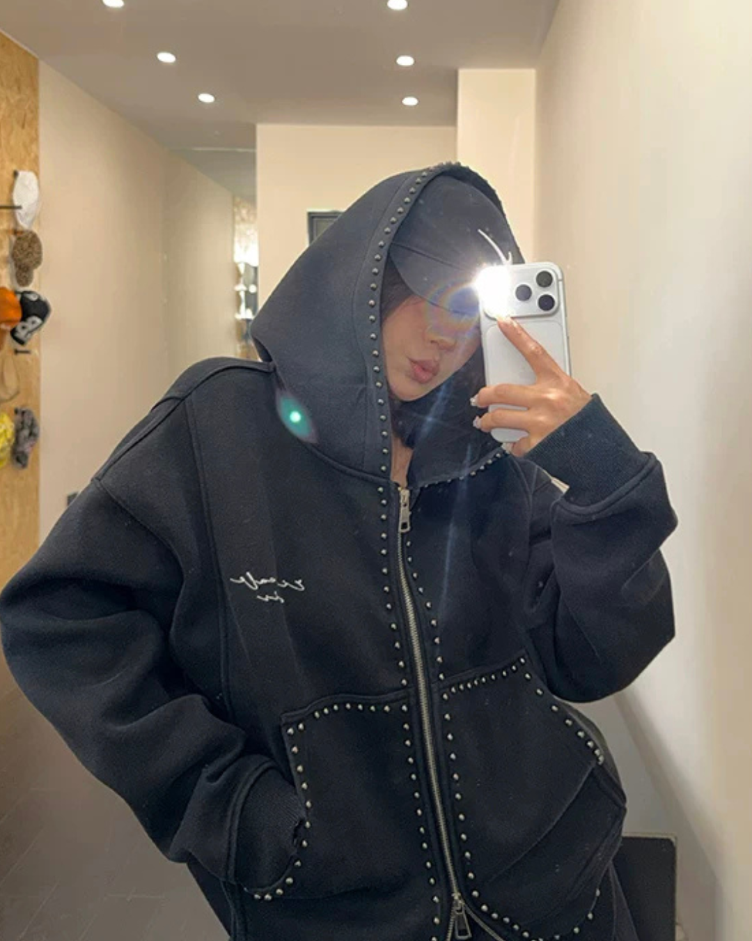 Studded Design Hooded Zip Jacket YLS1033