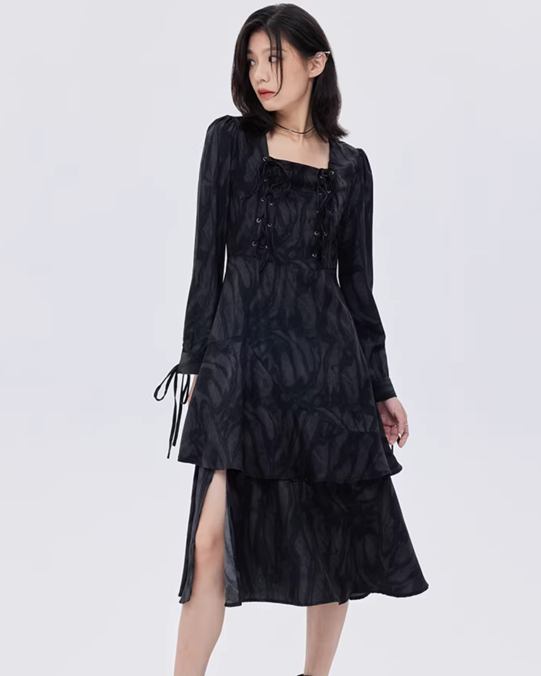 Marble Mid-Length Black Dress SHN0051