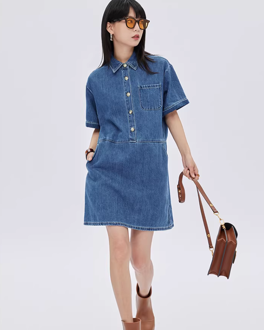 Polo Collar Denim Shirt Dress SHN0035