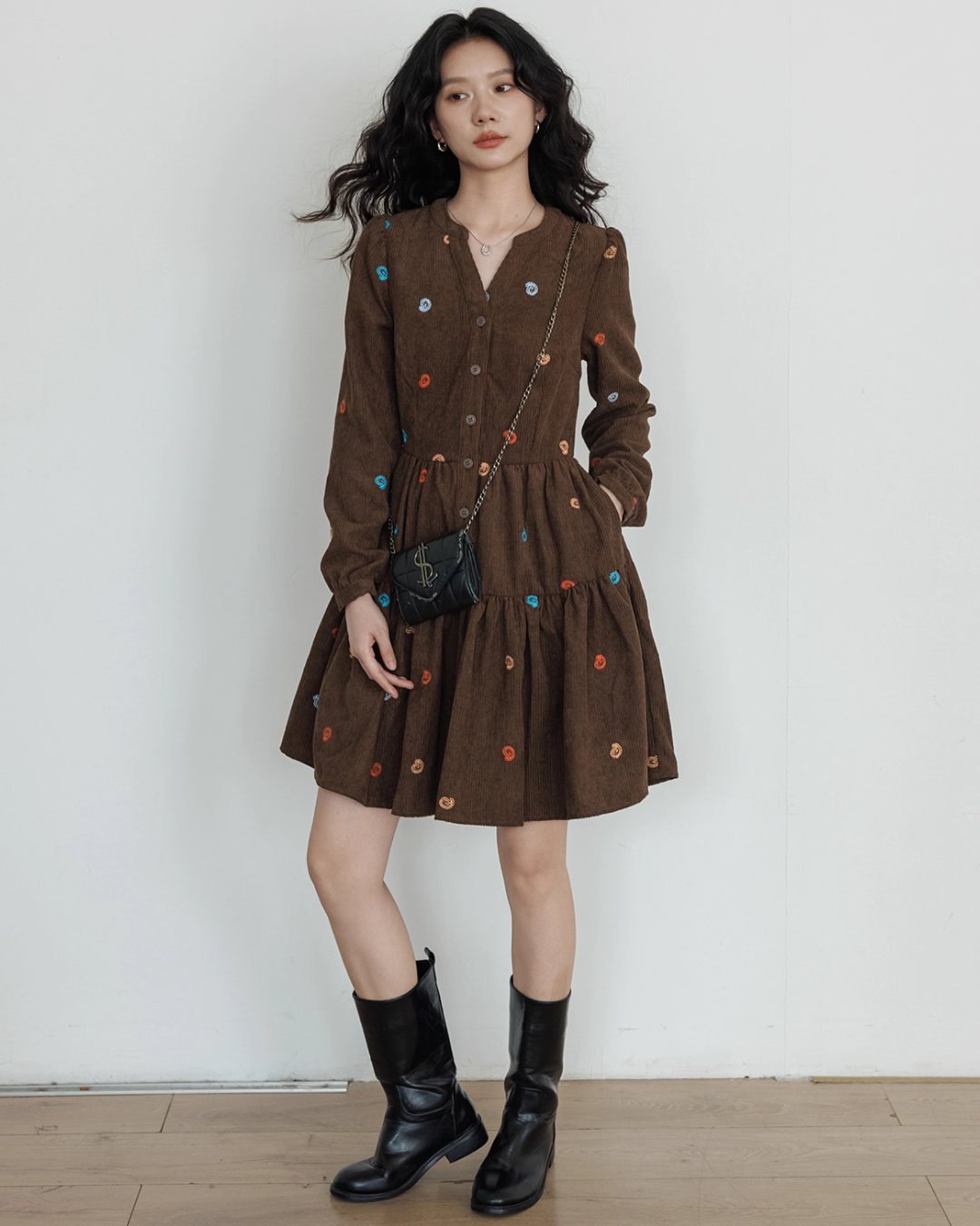 V-Neck Embroidered Shirt Dress VAS0169