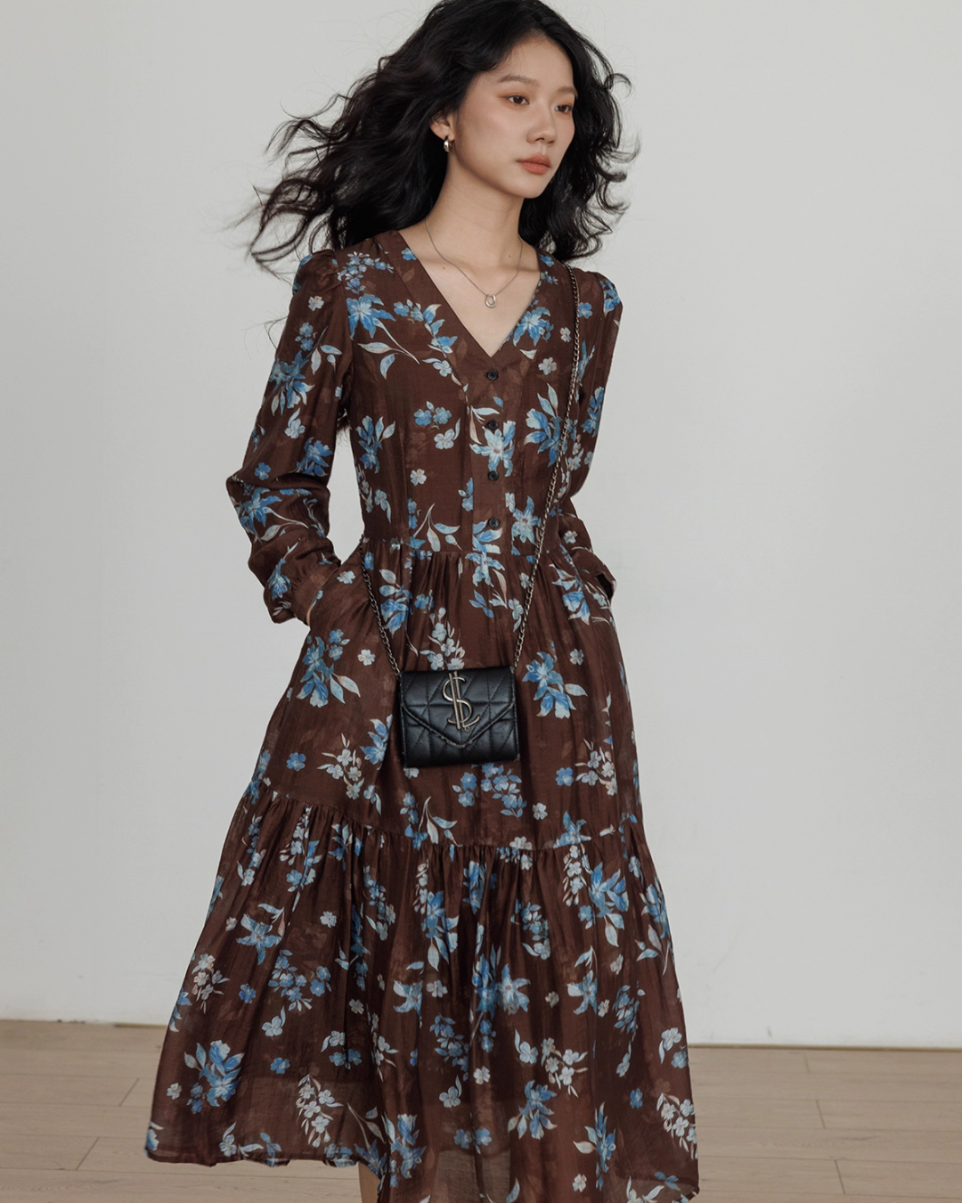 V-Neck Linen Print Elegant Dress VAS0151